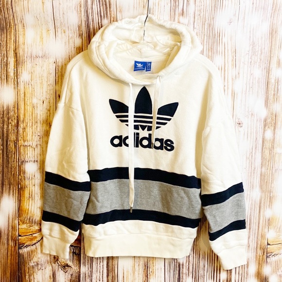 adidas Tops - NEW ADIDAS | White Navy Hooded Thermal Long Sleeve Sweatshirt Hoodie XS